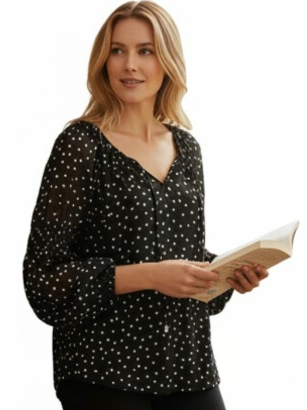 INC International Concepts Sheer Polka Dot Blouse Women’s Small Black Tie Neck
